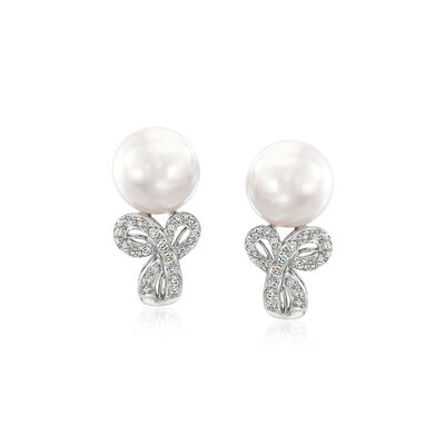 C. 1990 Vintage 10mm Cultured Pearl and .21 ct. t.w. Diamond Swirl Earrings in 18kt White Gold