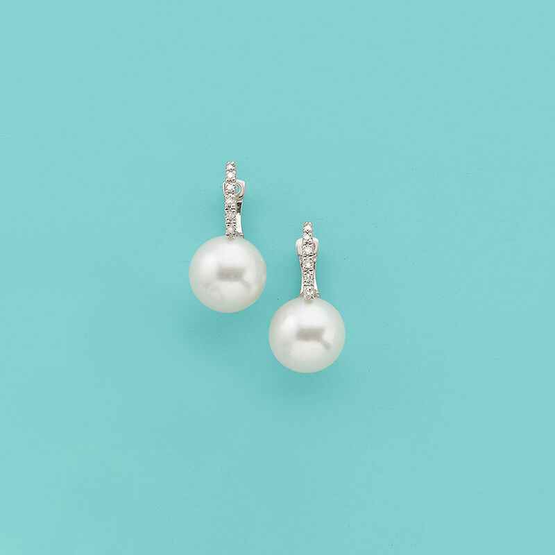 8-8.5mm Cultured Pearl Huggie Hoop Drop Earrings with Diamonds in 14kt White Gold. 5/8&quot; image number 4