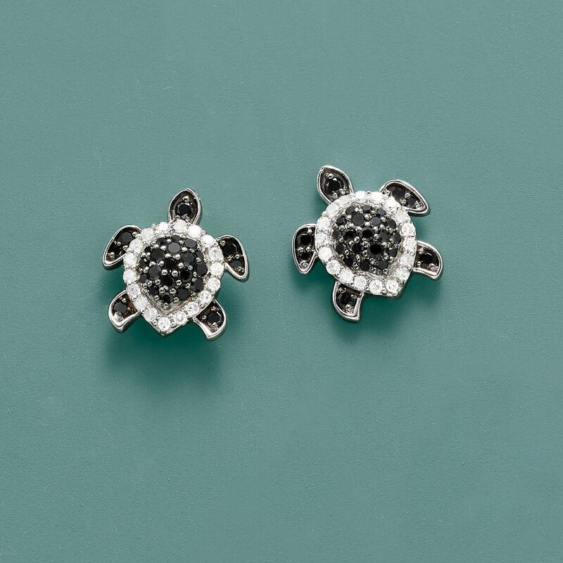 .33 ct. t.w. Black and White Diamond Turtle Earrings in Sterling Silver image number 2