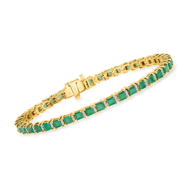 6.00 ct. t.w. Emerald and .50 ct. t.w. Diamond Tennis Bracelet in 18kt Gold Over Sterling image number 0