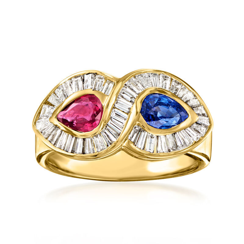 C. 1980 Vintage .67 Carat Ruby and .55 Carat Sapphire Ring with .97 ct. t.w. Diamonds in 18kt Yellow Gold. Size 6.5 image number 0