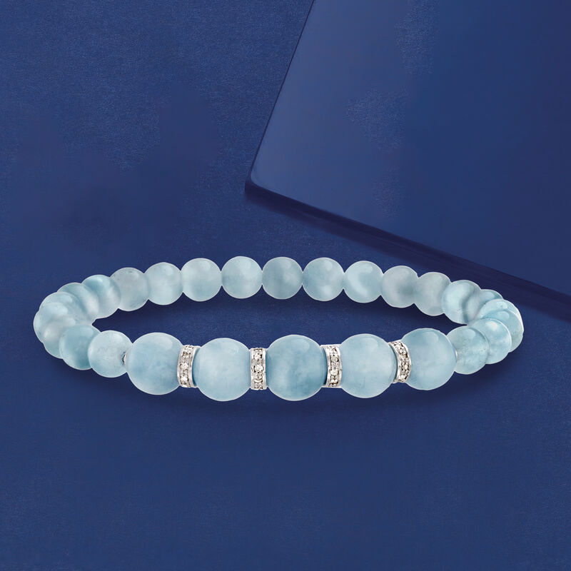 50.00 ct. t.w. Aquamarine Bead and .24 ct. t.w. Diamond Stretch Bracelet with Sterling Silver image number 2