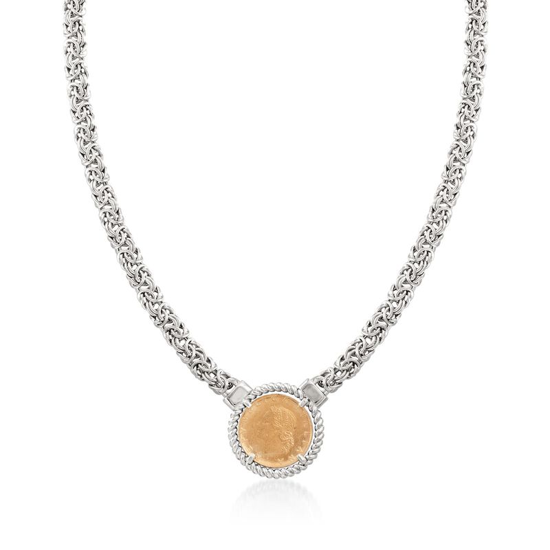 Italian Two-Tone Sterling Silver Replica Lira Coin Byzantine Necklace image number 0