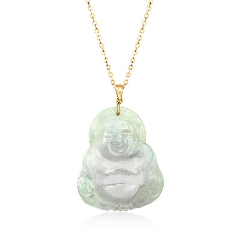 C. 1980 Vintage Carved Gray Jade Buddha Pendant Necklace in 14kt Yellow Gold. 18&quot; image number 0