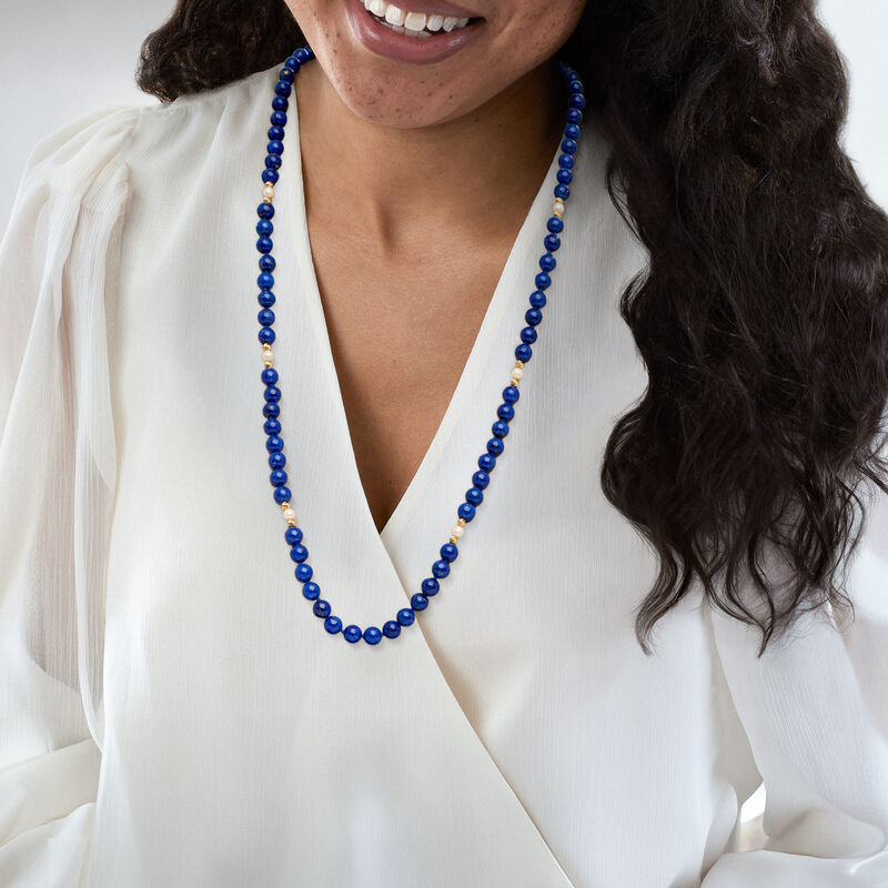 C. 1980 Vintage 5mm Cultured Pearl and 8mm Lapis Bead Necklace with 14kt Yellow Gold. 32&quot; image number 1