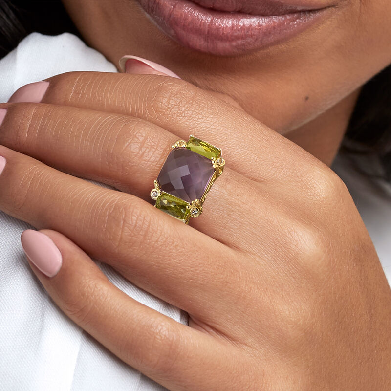 6.50 Carat Amethyst and 1.40 ct. t.w. Peridot Ring with White Topaz in 18kt Gold Over Sterling image number 1