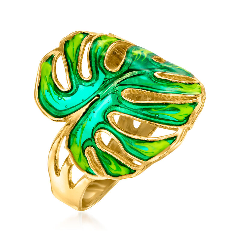 Italian Green Enamel Monstera Leaf Ring in 14kt Yellow Gold image number 2