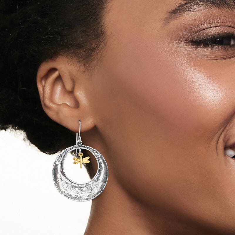Sterling Silver and 18kt Gold Over Sterling Dragonfly Open-Circle Drop Earrings image number 1
