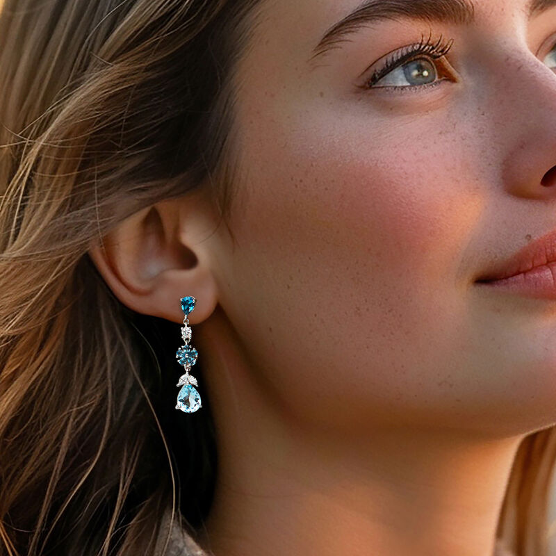 5.50 ct. t.w. Sky and London Blue Topaz Floral Drop Earrings with .50 ct. t.w. Lab-Grown Diamonds in Sterling Silver  image number 1