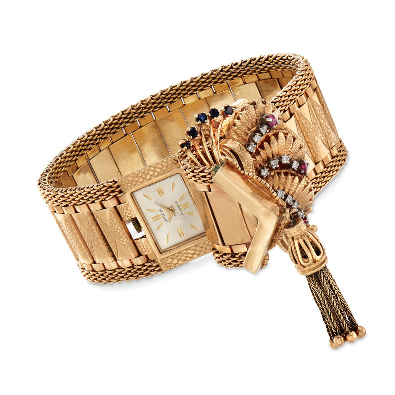 C. 1950 Vintage Geneva Women's 14kt Yellow Gold and .60 ct. Tw. Multi-Stone Watch Bracelet with .25 ct. t.w. Diamonds. Size 7.5 image number 2