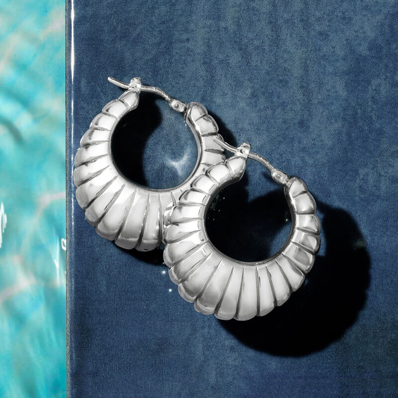 Italian Sterling Silver Graduated Shrimp Hoop Earrings. 1 1/8&quot; image number 2