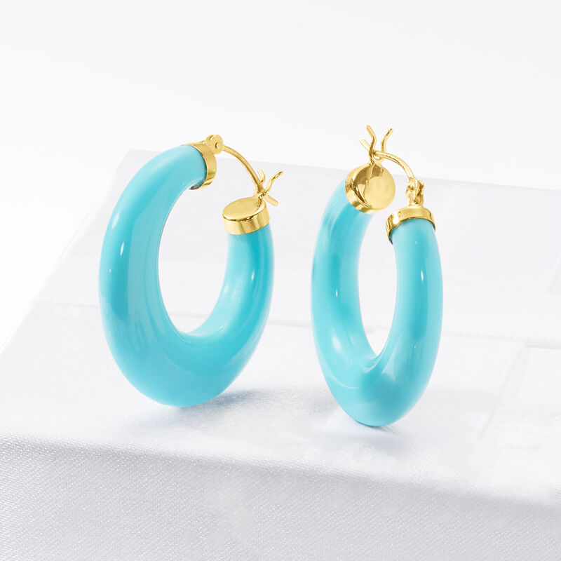 Simulated Turquoise Hoop Earrings in 14kt Yellow Gold. 1 1/8&quot; image number 4