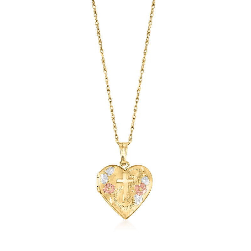 Child's 14kt Tri-Colored Gold Floral Cross Heart Locket Necklace image number 0
