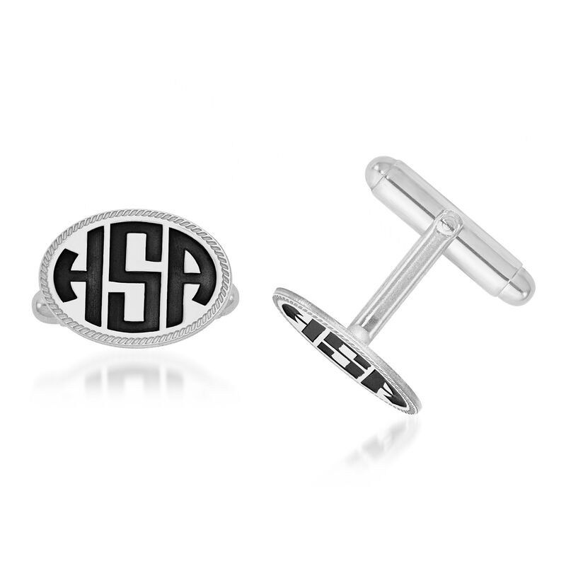 Sterling Silver Oval Border Monogram Cuff Links with Enamel image number 1