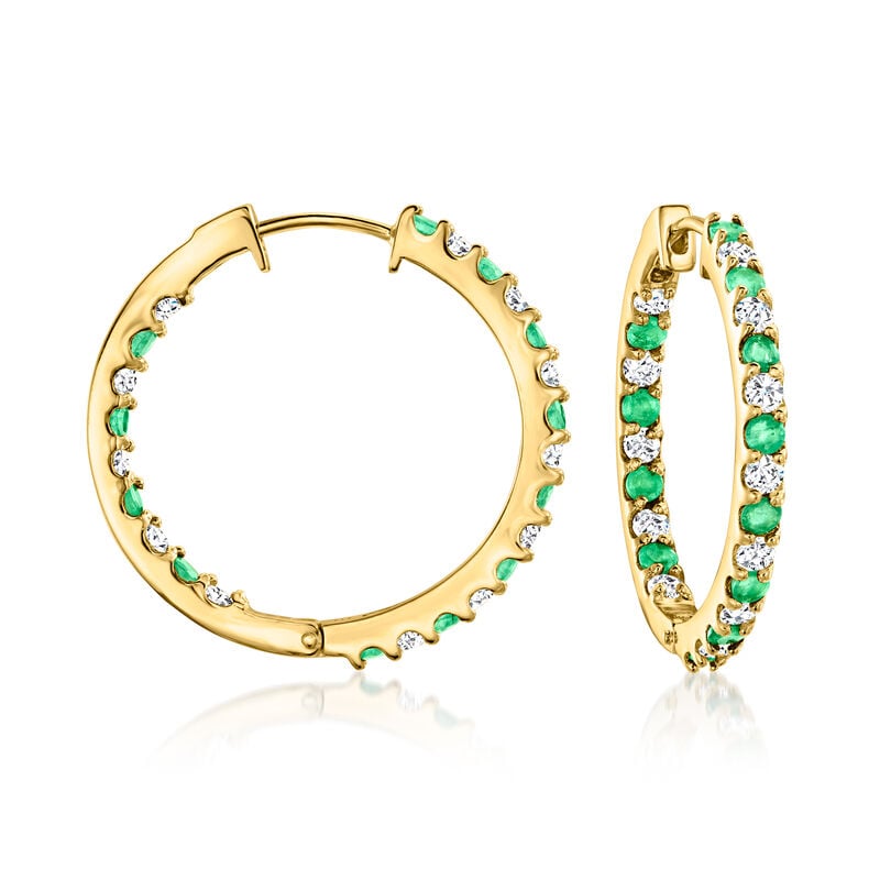 1.60 ct. t.w. White Zircon and 1.40 ct. t.w. Emerald Inside-Outside Hoop Earrings in 18kt Gold Over Sterling. 1 1/8" image number 0
