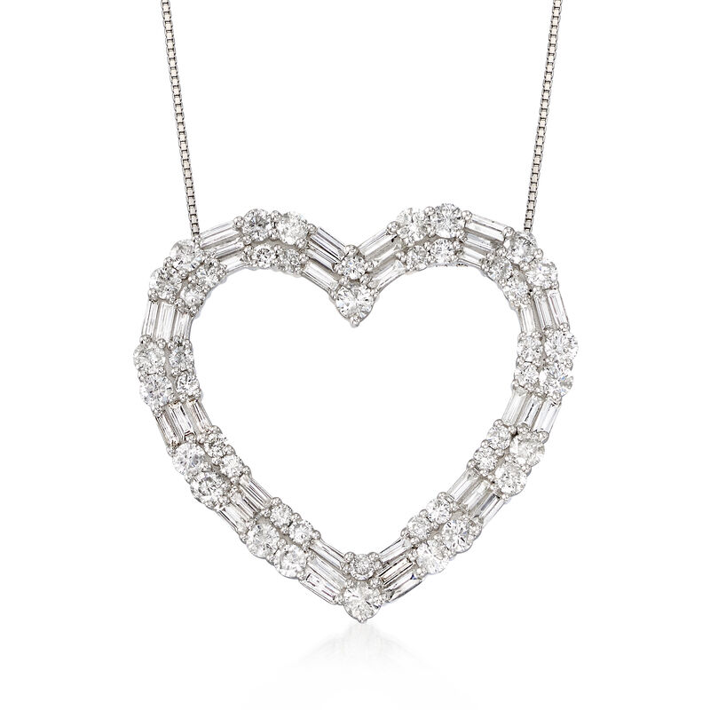 3.00 ct. t.w. Round and Baguette Diamond Open Heart Necklace in 14kt White Gold image number 0