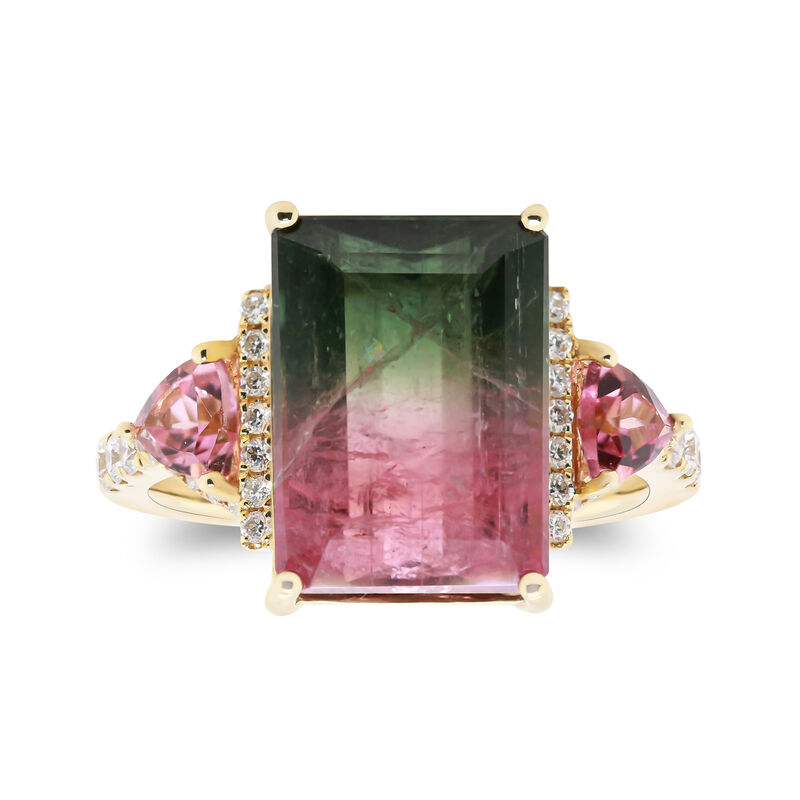 6.50 Carat Watermelon Tourmaline Ring with .40 ct. t.w. Pink Tourmaline and .30 ct. t.w. Diamonds in 14kt Yellow Gold image number 0