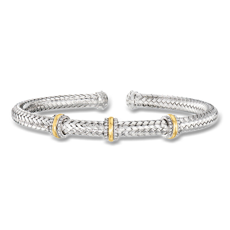 Charles Garnier .50 ct. t.w. CZ Station Cuff Bracelet in Sterling Silver and 18kt Gold Over Sterling. 7" image number 0