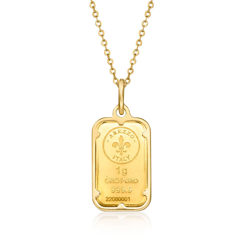 Italian 24kt Yellow Gold Fleur-De-Lis One-Gram Ingot Pendant Necklace with 14kt Yellow Gold Frame image number 0