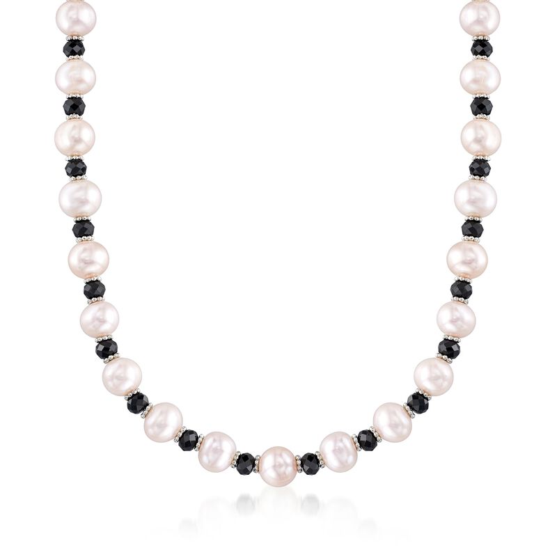 8-9mm Cultured Pearl and 25.00 ct. t.w. Black Spinel Bead Necklace with Sterling Silver. 18&quot; image number 1