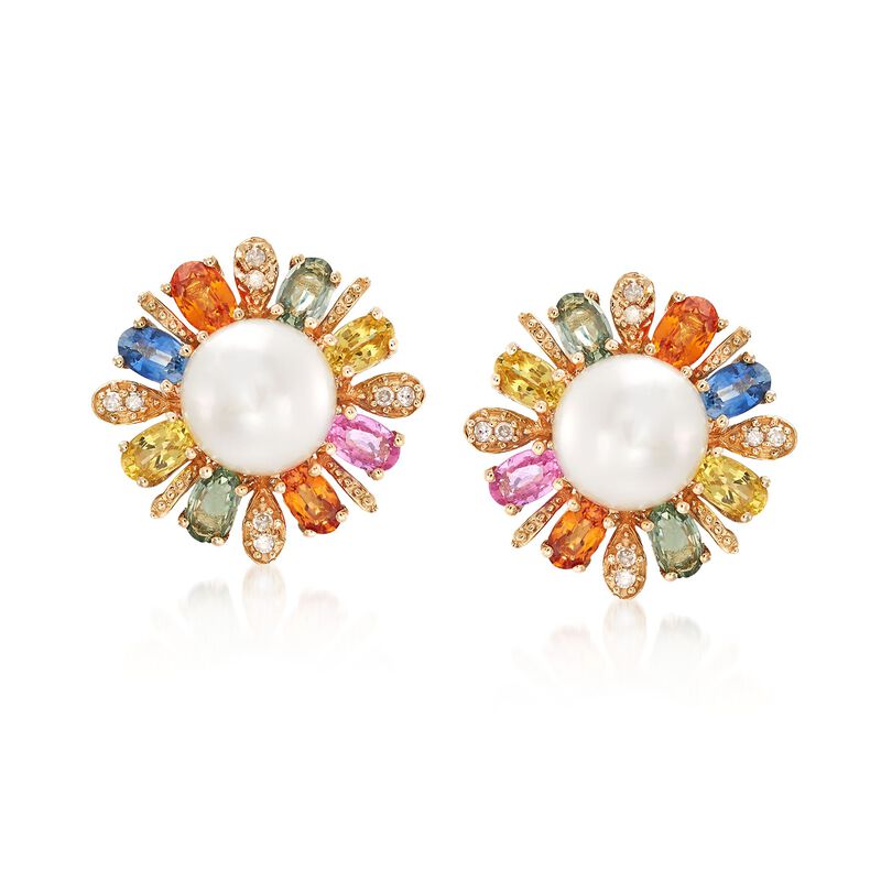 9.5-10mm Cultured Pearl and 5.20 ct. t.w. Multicolored Sapphire Earrings in 14kt Yellow Gold image number 0
