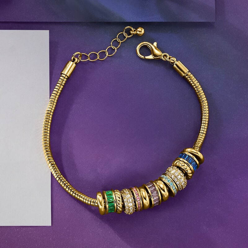14kt Yellow Gold-Plated Bead Charm Bracelet with Simulated Multicolored Gemstones. 7" image number 3