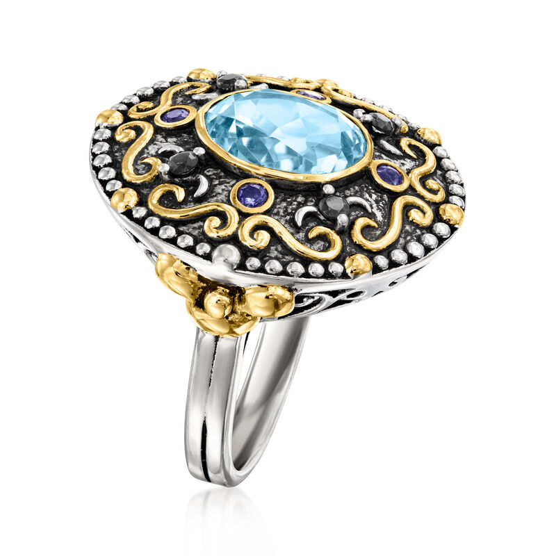 4.50 Carat Sky Blue Topaz and .10 ct. t.w. Iolite Ring with .10 ct. t.w. Black Spinels in Sterling Silver and 18kt Gold Over Sterling image number 2