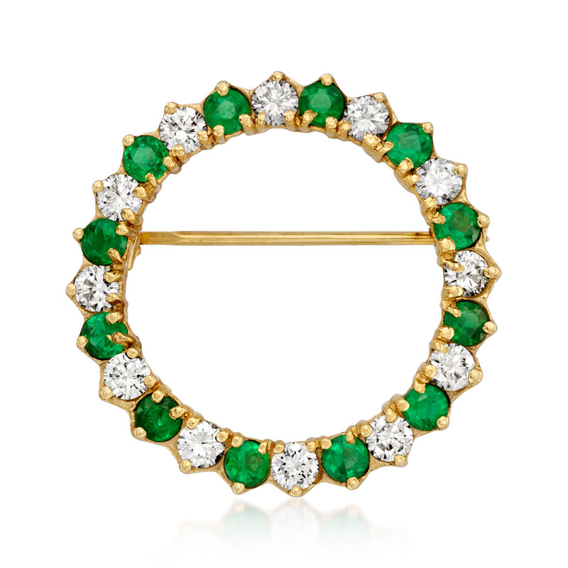 C. 1980 Vintage 1.30 ct. t.w. Emerald and 1.20 ct. t.w. Diamond Open-Space Circle Pin in 14kt Yellow Gold image number 0