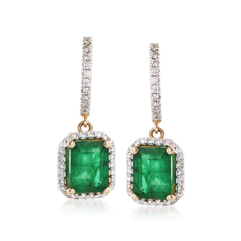 4.60 ct. t.w. Emerald and .65 ct. t.w. Diamond Drop Earrings in 14kt Yellow Gold  image number 0