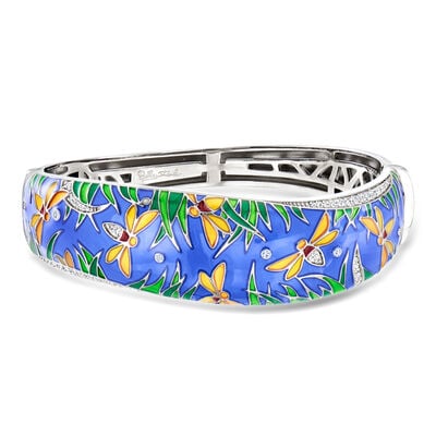 Belle Etoile "Fireflies" Multicolored Enamel and .40 ct. t.w. CZ Bangle Bracelet in Sterling Silver