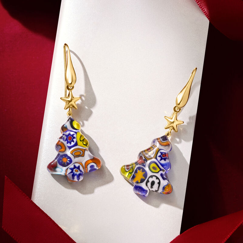Italian Multicolored Murano Glass Millefiori Christmas Tree Drop Earrings with 18kt Gold Over Sterling image number 2