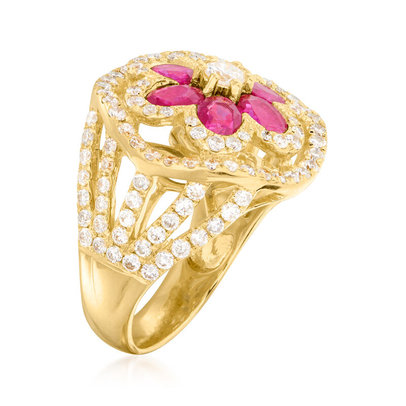 C. 1990 Vintage 2.25 ct. t.w. Ruby and 1.80 ct. t.w. Diamond Flower Ring in 18kt Yellow Gold. Size 6.75 image number 2