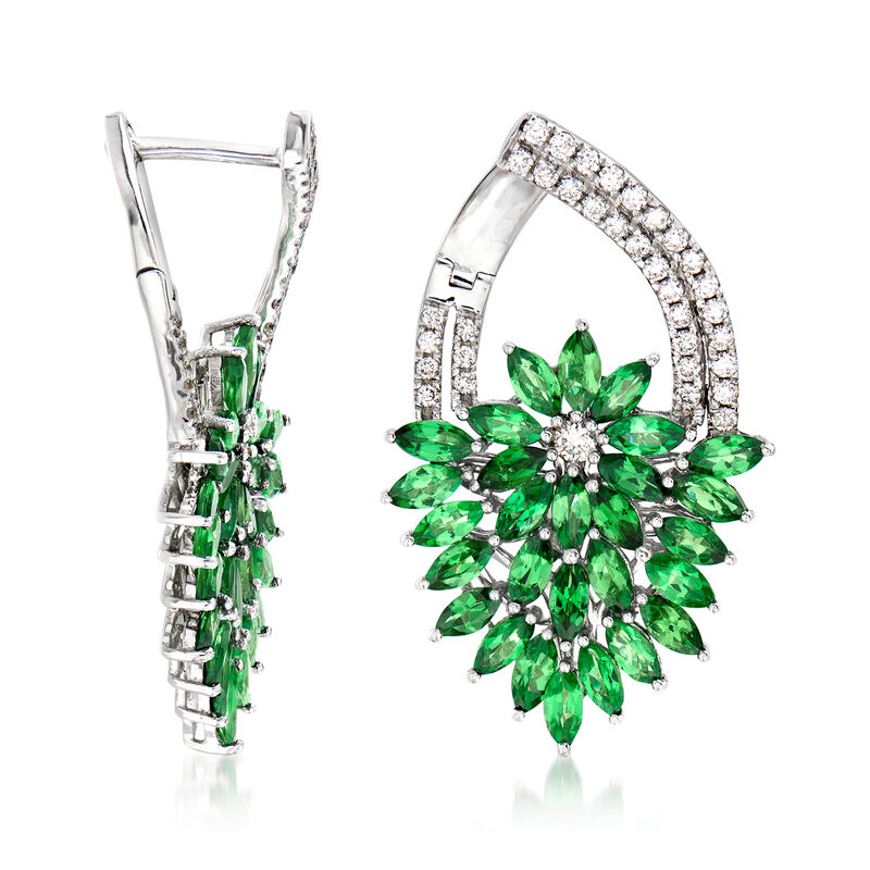 5.00 ct. t.w. Tsavorite and .67 ct. t.w. Diamond Floral Drop Earrings in 14kt White Gold image number 2