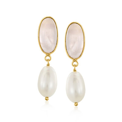 8x13mm Cultured Pearl and 7.00 ct. t.w. Rose Quartz Drop Earrings in 18kt Gold Over Sterling