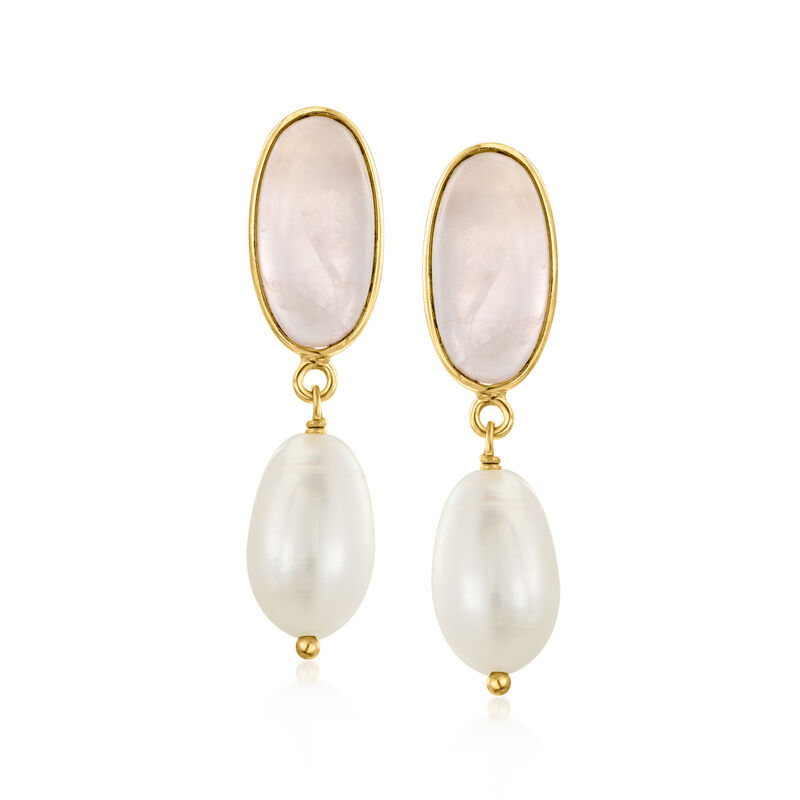 8x13mm Cultured Pearl and 7.00 ct. t.w. Rose Quartz Drop Earrings in 18kt Gold Over Sterling image number 0
