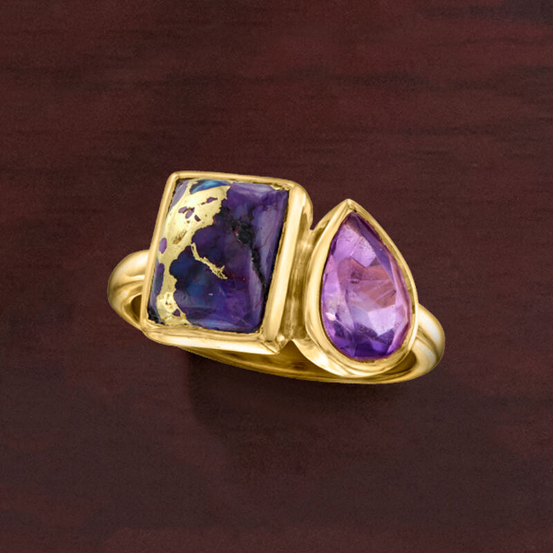Purple Turquoise and 1.10 Carat Amethyst Toi et Moi Ring in 18kt Gold Over Sterling image number 3