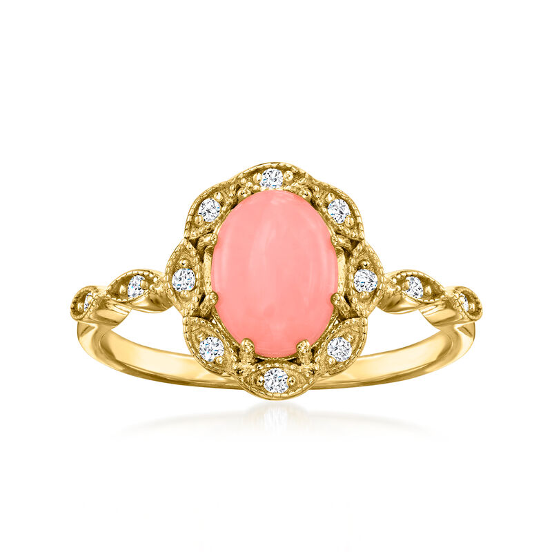 Pink Coral Ring with .10 ct. t.w. White Zircons in 18kt Gold Over Sterling image number 0
