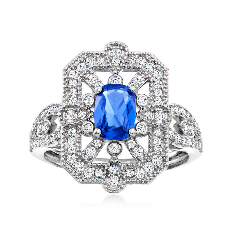 1.00 Carat Simulated Sapphire and .40 ct. t.w. CZ Ring in Sterling Silver image number 0