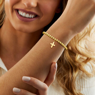 Italian 18kt Gold Vermeil Cross and 5mm Bead Stretch Bracelet