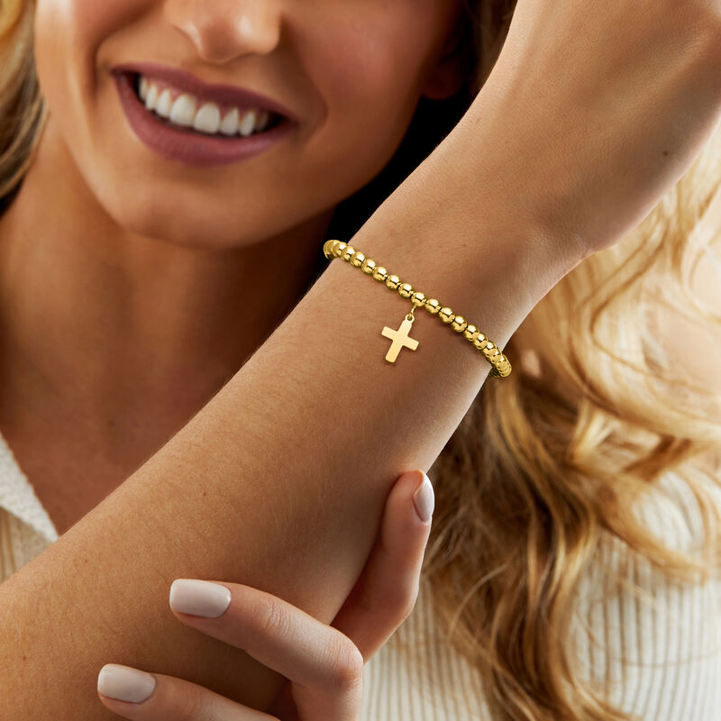 Italian 18kt Gold Vermeil Cross and 5mm Bead Stretch Bracelet image number 1