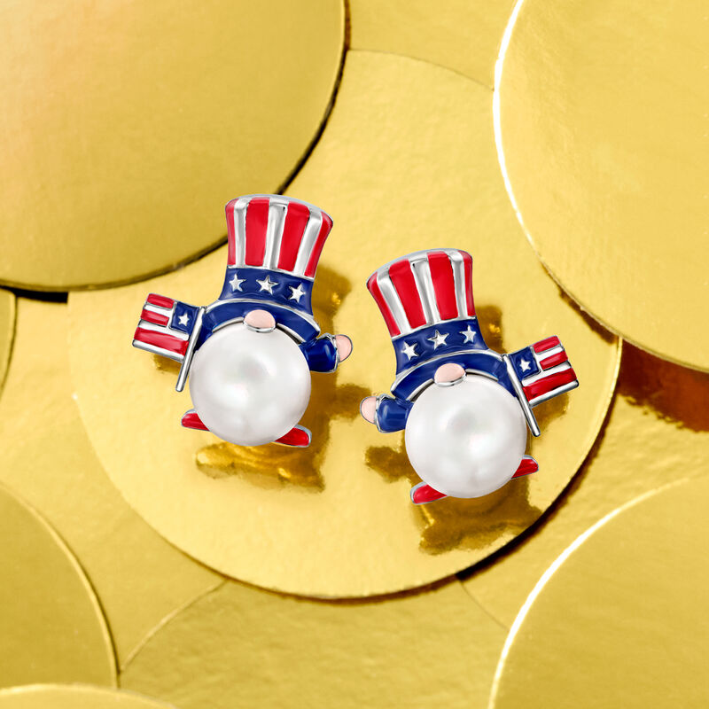 8-8.5mm Cultured Pearl and Multicolored Enamel Patriotic Gnome Earrings in Sterling Silver image number 2