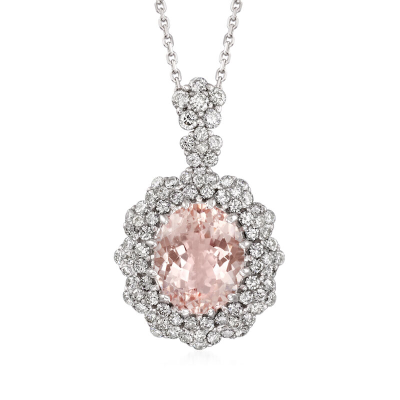 3.00 Carat Morganite and 1.10 ct. t.w. Diamond Necklace in 14kt White Gold. 16&quot; image number 1