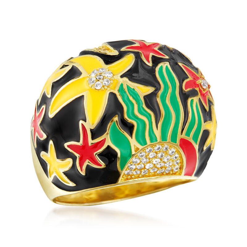.33 ct. t.w. White Topaz and Multicolored Enamel Starfish Ring in 18kt Gold Over Sterling image number 3
