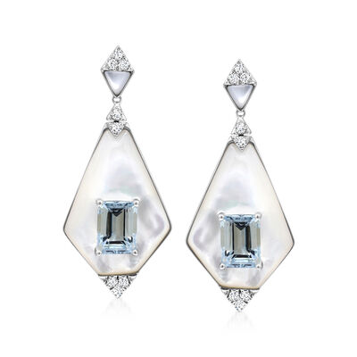 3.10 ct. t.w. Aquamarine and .26 ct. t.w. Diamond Drop Earrings with Mother-of-Pearl in 14kt White Gold