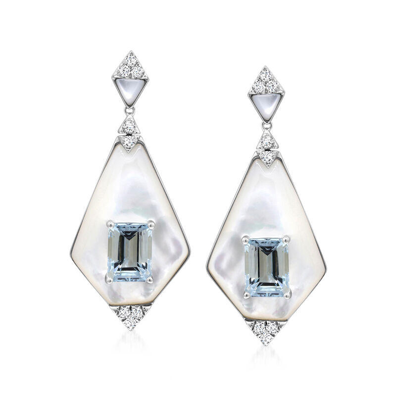 3.10 ct. t.w. Aquamarine and .26 ct. t.w. Diamond Drop Earrings with Mother-of-Pearl in 14kt White Gold  image number 0
