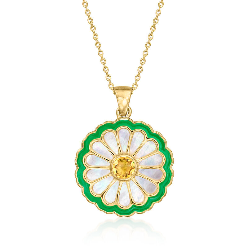 Mother-Of Pearl and .50 Carat Citrine Flower Pendant Necklace with Green Enamel in 18kt Gold Over Sterling. 18&quot; image number 1
