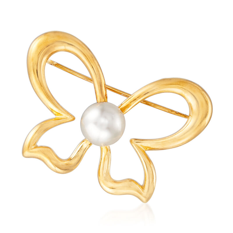 C. 1980 Vintage 9.8mm Cultured Pearl Butterfly Pin in 18kt Yellow Gold image number 0
