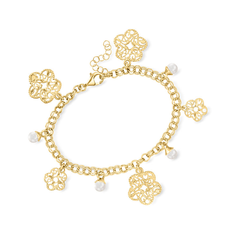 Italian 5-5.5mm Cultured Pearl Floral Filigree Drop Bracelet in 18kt Gold Over Sterling image number 0