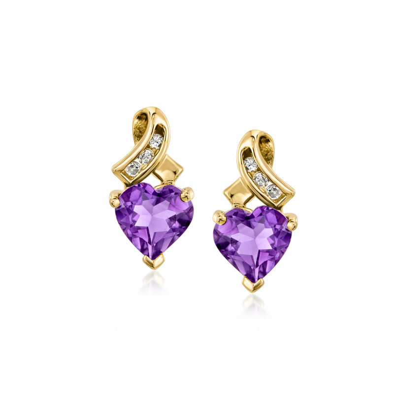 C. 1980 Vintage 2.00 ct. t.w. Amethyst Heart Drop Earrings with .12 ct. t.w. Diamonds in 10kt Yellow Gold image number 0