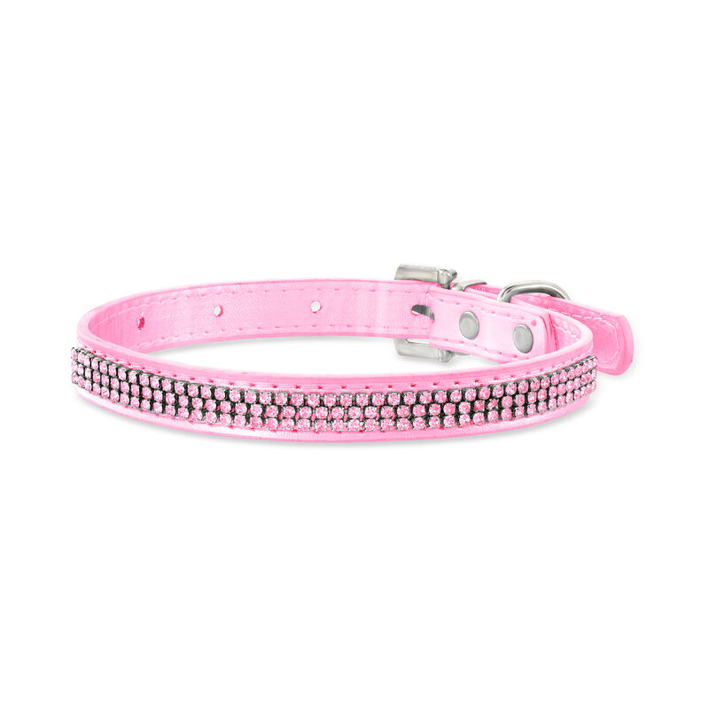Multi-Row Rose Rhinestone Pink Leather Dog Collar image number 4